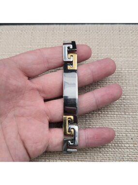8 Inch Two-Tone Stainless Steel Greek Key Link Bracelet B1168